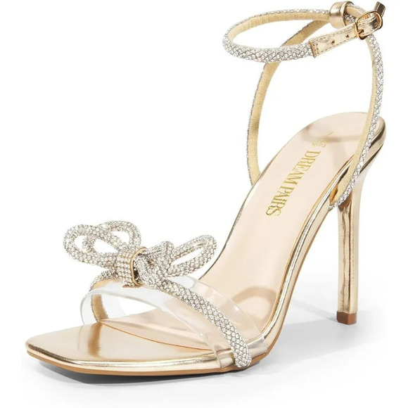 Women's Gold Double Bowknots Crystal Sandals Clear Slingback Heels - Picture 1 of 7